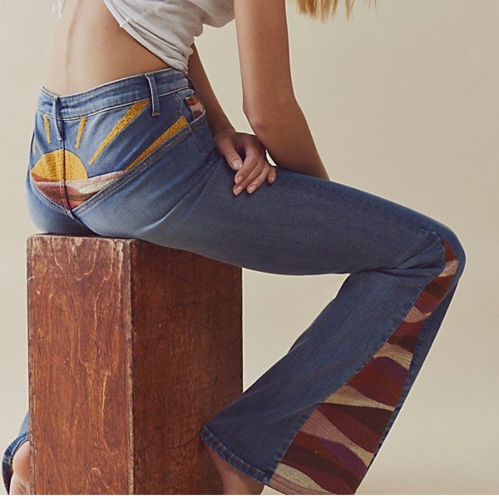 Free People Blue Flare Jeans with Multicolor Design